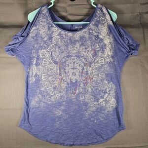 Mudd Womens Purple Cold Shoulder Graphic Tee Steer Skull Mandala Boho Top M